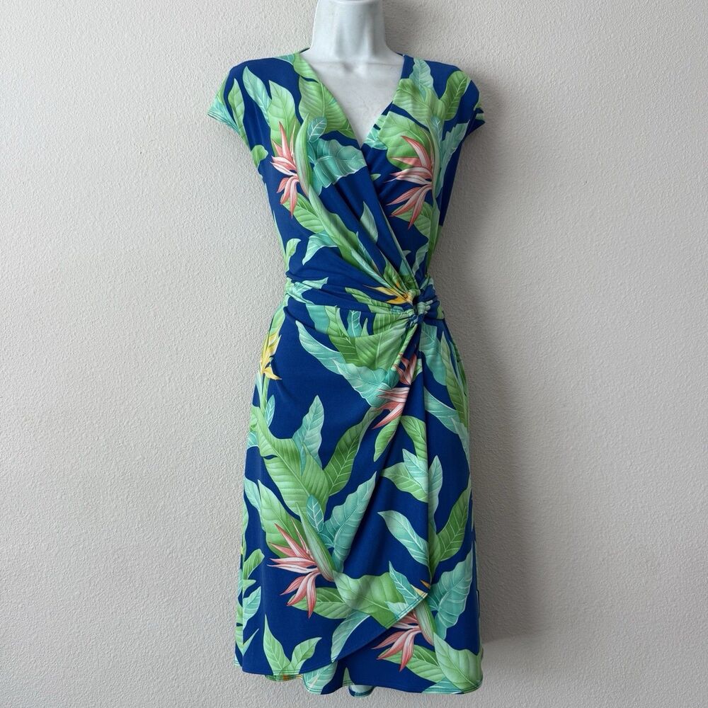 Tommy Bahama Clara Lavish Blooms Dress Faux Wrap Blue Green Tropical Floral S